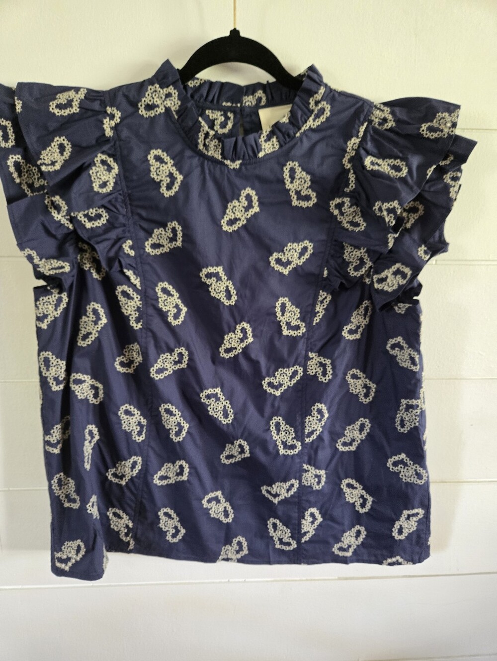 UMGEE-Navy Ruffle Sleeve Floral Eyelet Top